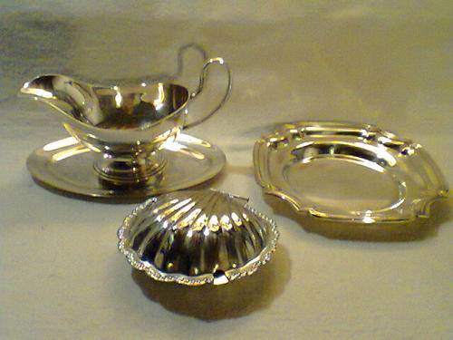 2 EPNS Items Gravy Boat & Bon Bon Dish Stamped" made in England " . Butter Dish has a Glass inner.
