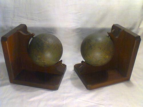 2 Vintage Book Ends in heavy wood.The dark green globes have names of Greek Gods on them.