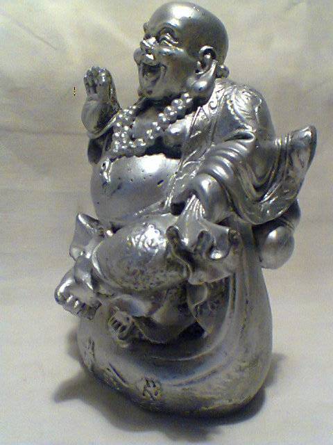Vintage Ben Zara Heavy Silver patina Laughing Buddha with money bag Statue Sculpture Signed.