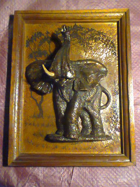 Vintage Stink Wood Elephant Bookends & Copper plaque by John Louw, in good used s/hand condition.