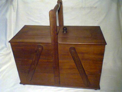 1940's Large/Heavy 3 tier Sewing Basket with carrying handle.The ideal gift Solid teak or oak wood.
