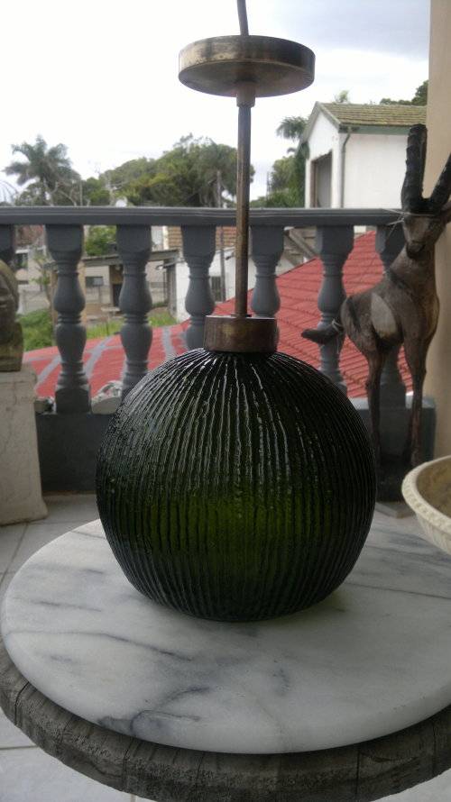 1950 vintage Art Deco style Retro ribbed frosted lush Green ball shaped heavy glass ceiling lamp.