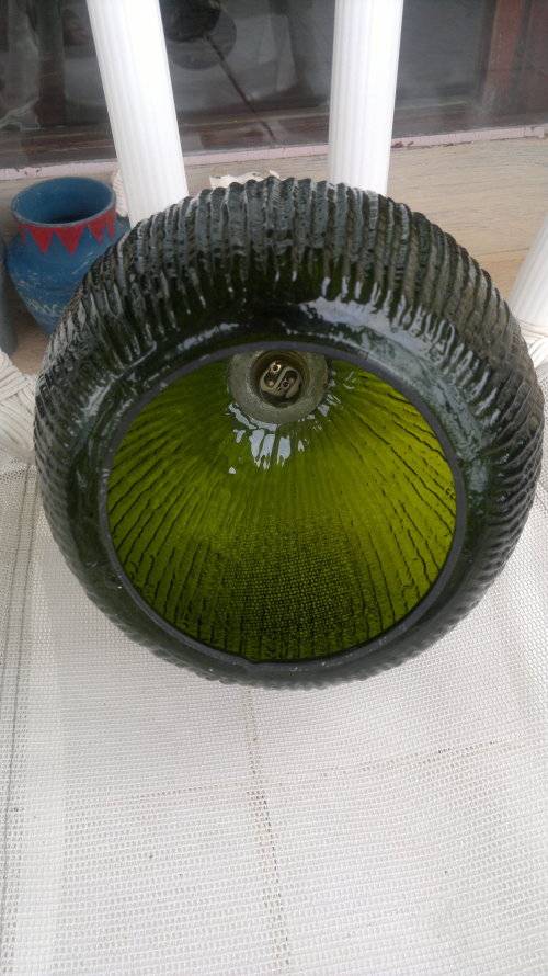 1950 vintage Art Deco style Retro ribbed frosted lush Green ball shaped heavy glass ceiling lamp.