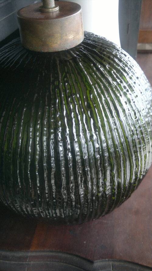 1950 vintage Art Deco style Retro ribbed frosted lush Green ball shaped heavy glass ceiling lamp.