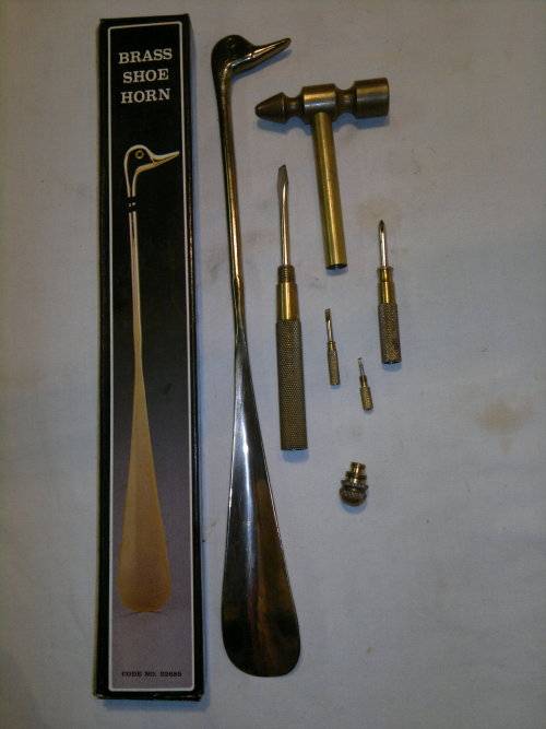 A Unusual Lot of 2 Brass items. A Shoe Horn + a Multi Screw Driver,Hammer set. All in used condition