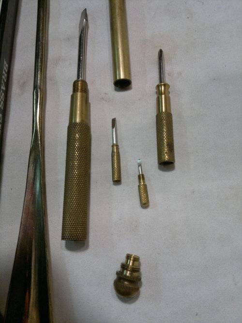 A Unusual Lot of 2 Brass items. A Shoe Horn + a Multi Screw Driver,Hammer set. All in used condition