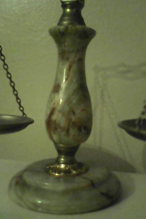 A Rare Vintage  ` Balance Scales of Justice `  Green Onyx and Brass. Size:300mm Tall. In good order.