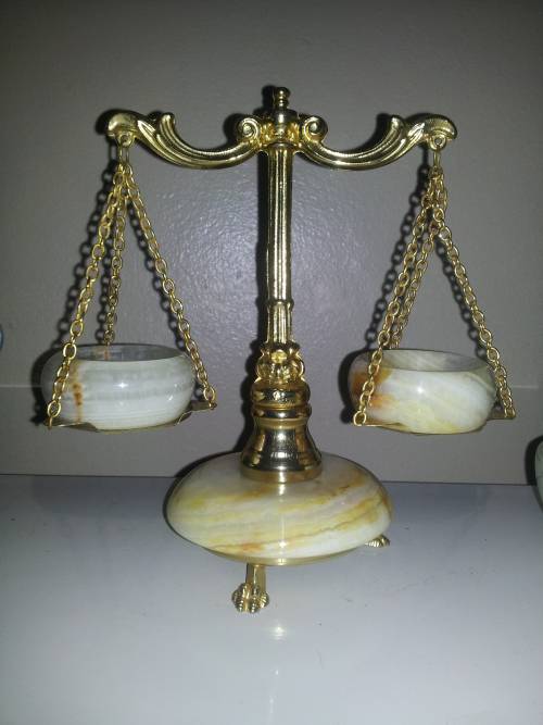 Rare Vintage for the Lawyer`s Desk ` Balance Scales of Justice ` Onyx and Brass. Size:160mm Tall.