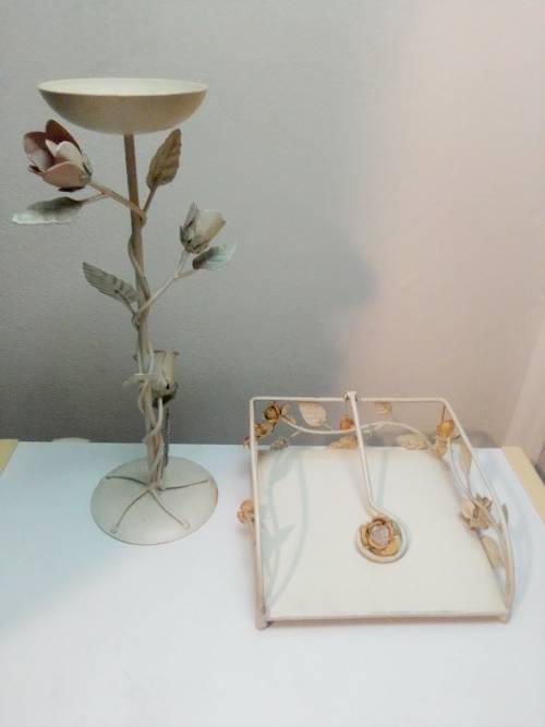 Beautiful Wrought iron Candle Stick 35cm Tall and Napkin holder with Rose motif.