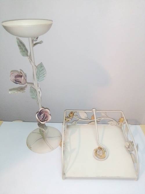 Beautiful Wrought iron Candle Stick 35cm Tall and Napkin holder with Rose motif.