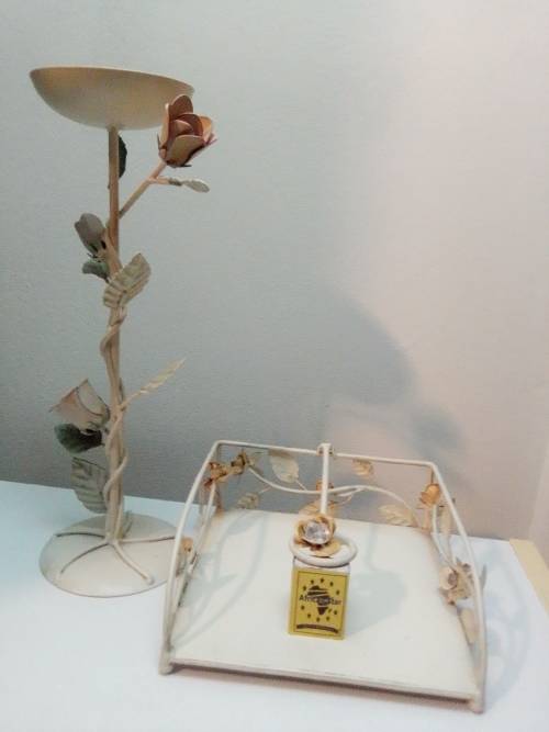Beautiful Wrought iron Candle Stick 35cm Tall and Napkin holder with Rose motif.