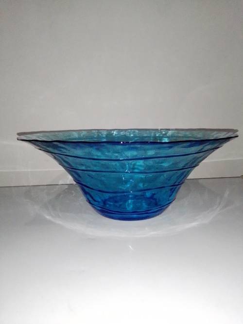 Hand Blowen. 2 Murano Aqua blue Vases, rings around sides. Blue Glass fruit bowl, smaller clear one.