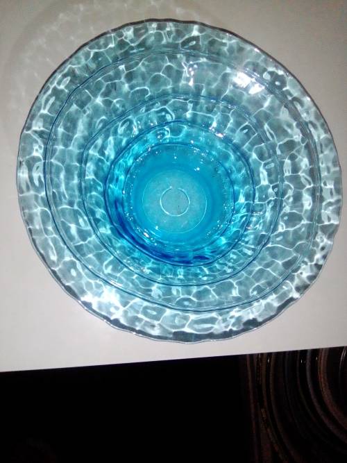 Hand Blowen. 2 Murano Aqua blue Vases, rings around sides. Blue Glass fruit bowl, smaller clear one.