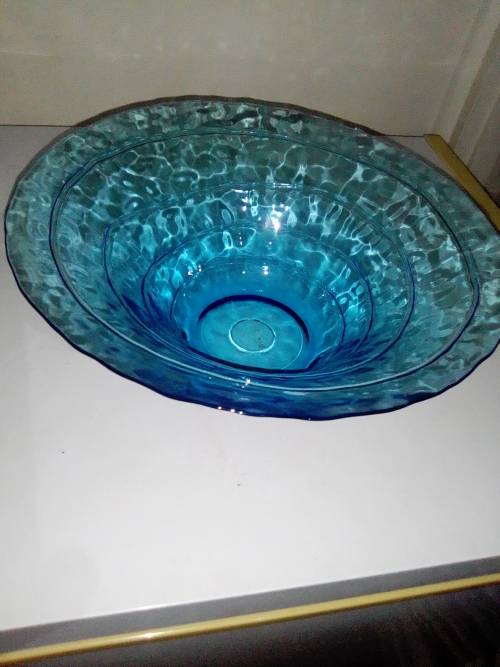 Hand Blowen. 2 Murano Aqua blue Vases, rings around sides. Blue Glass fruit bowl, smaller clear one.