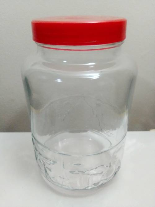 A Highly Collectible Large Red lidded INDONESIA GLASS BISCUIT CANDY APOTHECARY JAR.