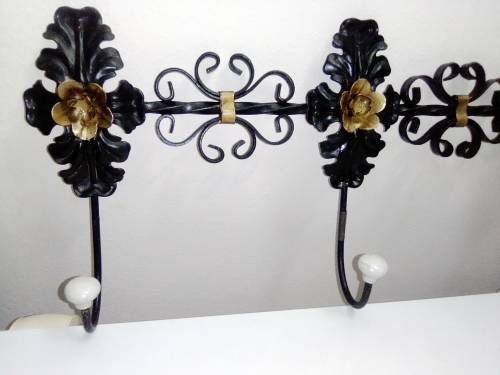 Vintage French Ornate Clothes or Coat Hanger, Hat Rack, Wrought Iron and Porcelain Knobs.