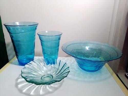 Hand Blowen. 2 Murano Aqua blue Vases, rings around sides. Blue Glass fruit bowl, smaller clear one.