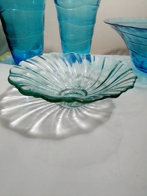 Hand Blowen. 2 Murano Aqua blue Vases, rings around sides. Blue Glass fruit bowl, smaller clear one.