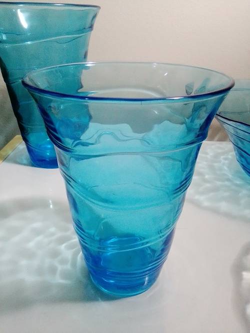 Hand Blowen. 2 Murano Aqua blue Vases, rings around sides. Blue Glass fruit bowl, smaller clear one.