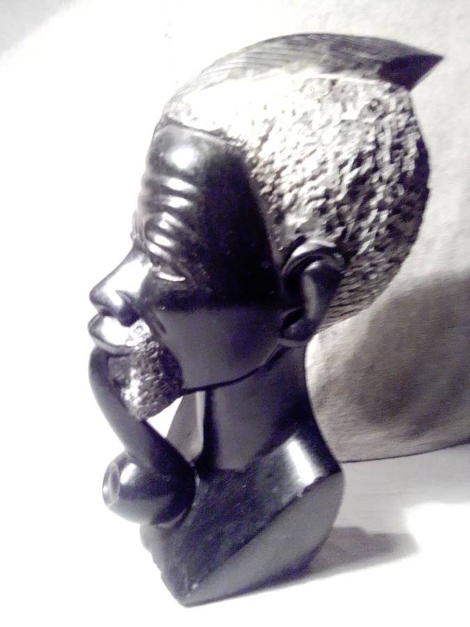 A Mandela and Keyna Busts. African Tribal Head Man stone Bust.  + wooden Drum player statue.