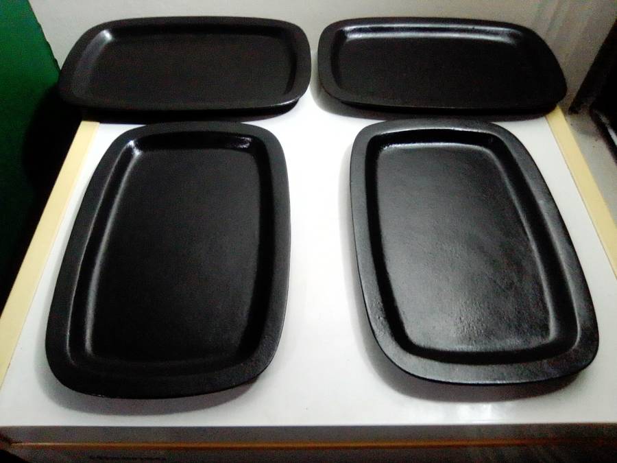 4 Vintage Cast iron Stake plates pre-seasoned and in good used condition.