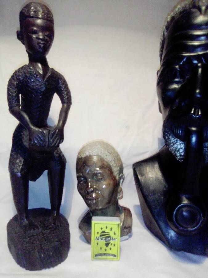 A Mandela and Keyna Busts. African Tribal Head Man stone Bust.  + wooden Drum player statue.