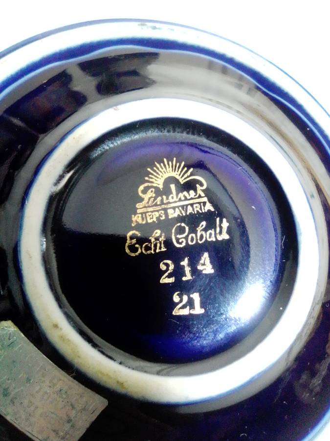 Cobalt blue porcelain, 4 x Sencha Cups, Trinket Box & bowl, 2 Lindner Kueps Bavaria Germany Saucers.