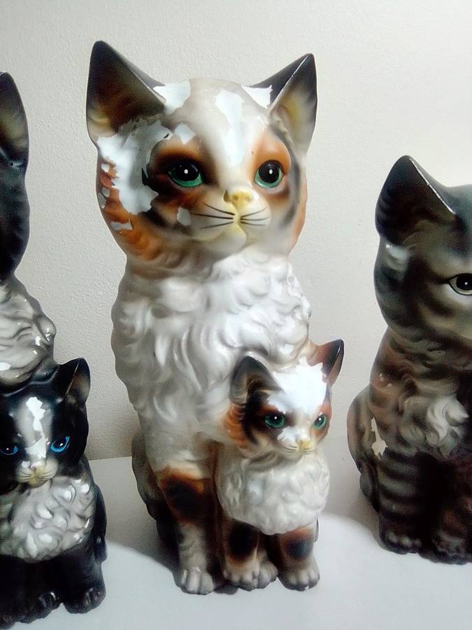 Late 1940`s. 3 Awesome porcelain Cats with their kittens they need Tlc. No Chips or Cracks.