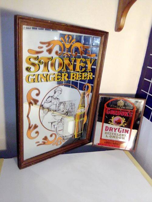 2 x Bar Mirror`s. Stoney and Gordon dry Gin. Ideal Mancave display Items.