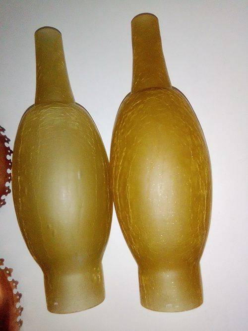 1900`s. 47cm tall table lamp.Solid brass and porcelain base,unusual frosted mantels, copper shades.