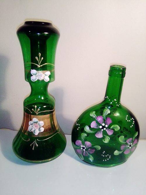 Murano Carafe glass water jug with tumbler plus a Super Glass Hand painted green Wine bottle