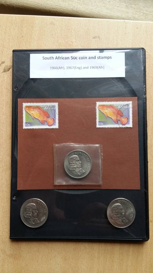 Old South African 50c coins : 1966, 1967 and 1969 with stamps
