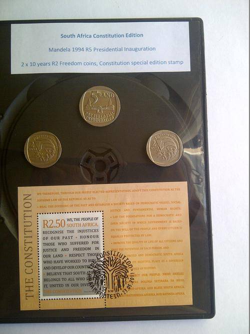 Mandela 1994 Presidential Inauguration R5 coin, 2 x ten years of Freedom R2 coins, stamp