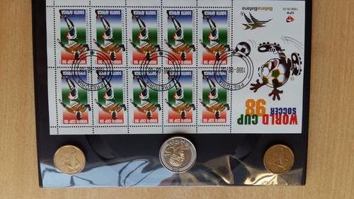 World Cup Soccer 1998 - Bafana Special stamps With Mandela R5 coin and 2 x 2002 Soccer 50c