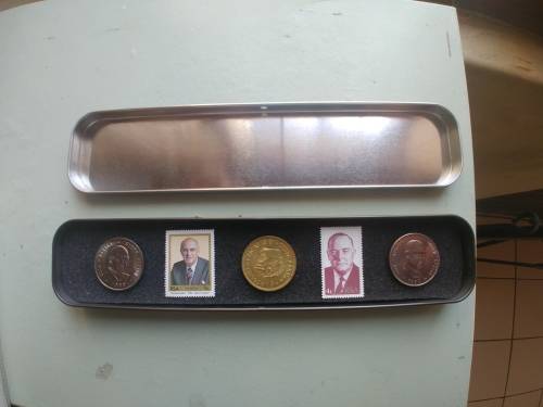 PW Botha and Vorster R1 coins with stamps and 1961 1c coin in holder - as good as new