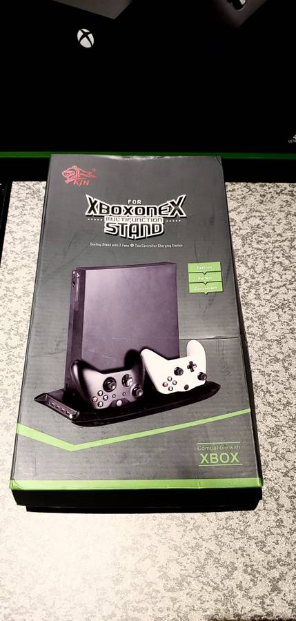 Xbox One X 1TB, Vertical Stand with fan, USB and Charging Dock, Sparkfox dual charger and battery
