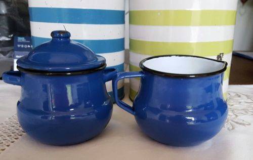 Blue enamel sugar basin and milk jug