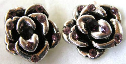 Beautiful Tibetan silver rose earrings with pink crystal inlays