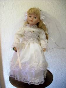 BEAUTIFUL DOLL DRESSED AS A BRIDE - ON STAND.
