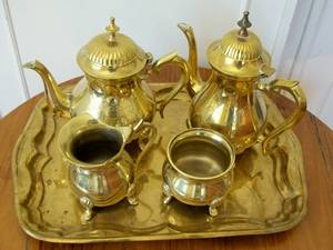 BRASS TEA SET  ON TRAY