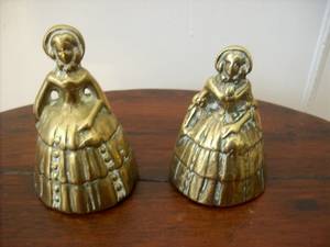 PAIR OF BRASS BELLS.  WOMEN IN PERIOD DRESS.