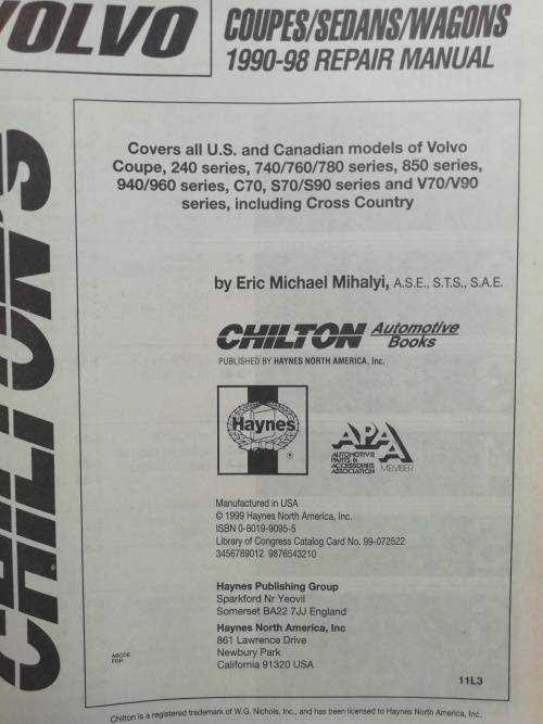 VOLVO: Coupes/Sedans/Wagons 1990-98 / Chilton Published by Haynes