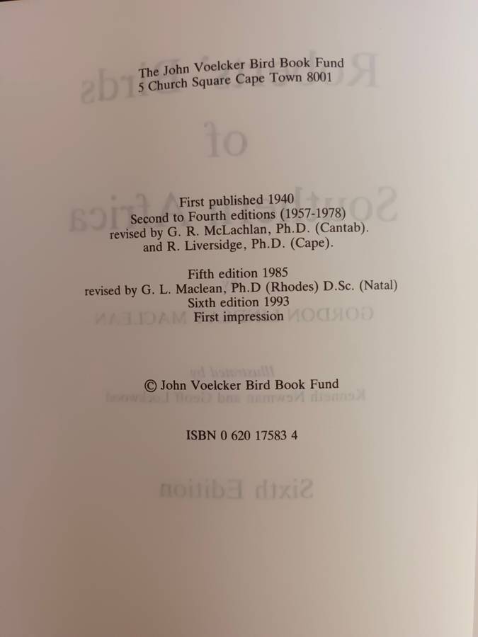 Roberts` Birds of Southern Africa (Sixth Edition) / Gordon Lindsay Maclean
