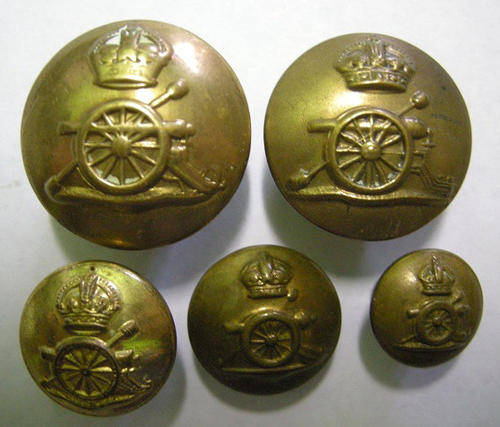 Artillery Buttons x 5 24mm Jennens & Co Ltd London, 22mm W Twigg & Co Birmingham, 2 x 17mm, 13mm