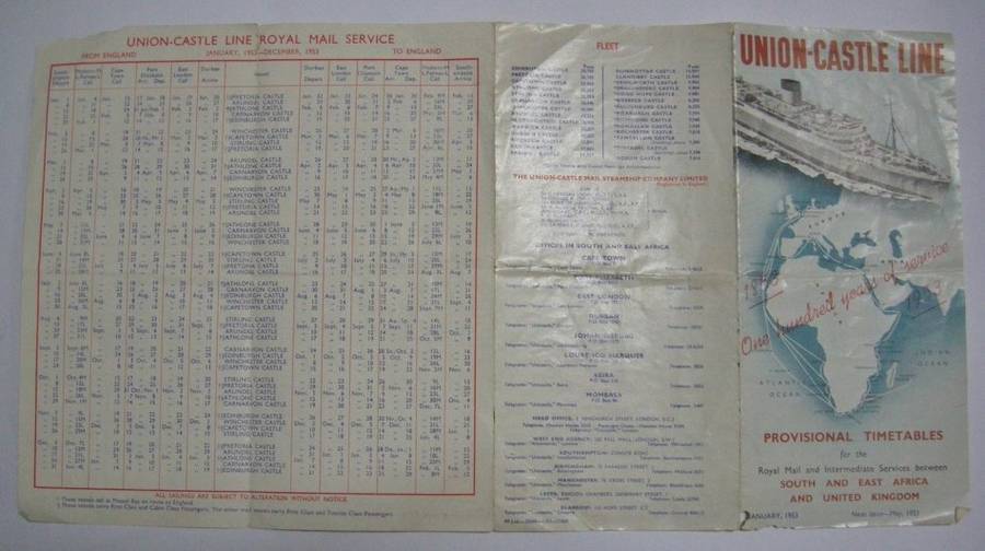 Union Castle Line Provisonal Timetable January 1953 242mm x 457mm Open 242mm x 115mm Closed