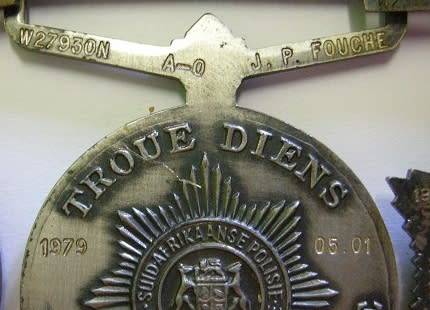 Full Size SA Police Medal Group of Four Named to A/O JP Fouche w/ Ribbon Bar