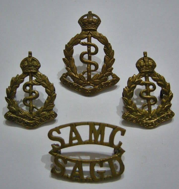 SA Medical Corps Gilding Metal Cap & Collar Badges & Shoulder Title Owen 1575, 1579, 1580 & 1569