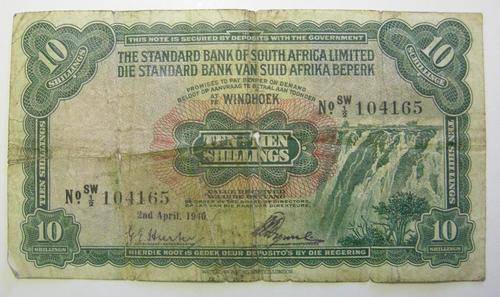 Standard Bank of South Africa Ltd Windhoek Ten Shillings 2nd April 1940 Well Used Two Holes on Folds