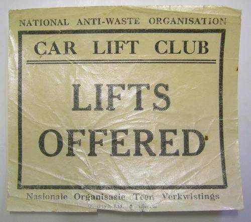 National Anti-waste Organisation Car Lift Club 1944 Glued to Paste Inside Windshield 113mm x 100mm