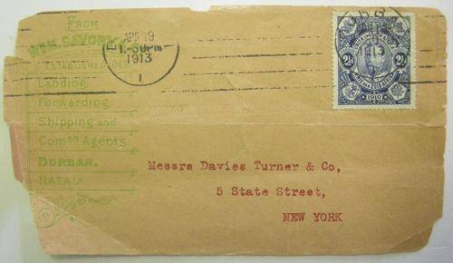 W M H Savory & Co Durban Natal 2 1/2 d Union of South Africa Stamp Posted 19 Apr 1913